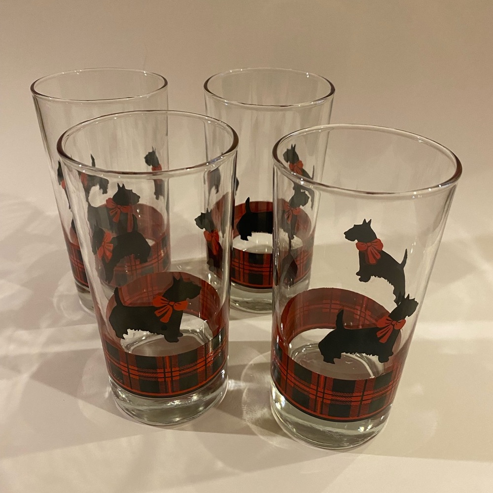 Vintage Anchor Hocking Scottie Dog Highball Glasses Set of 4 Red & Black Tartan